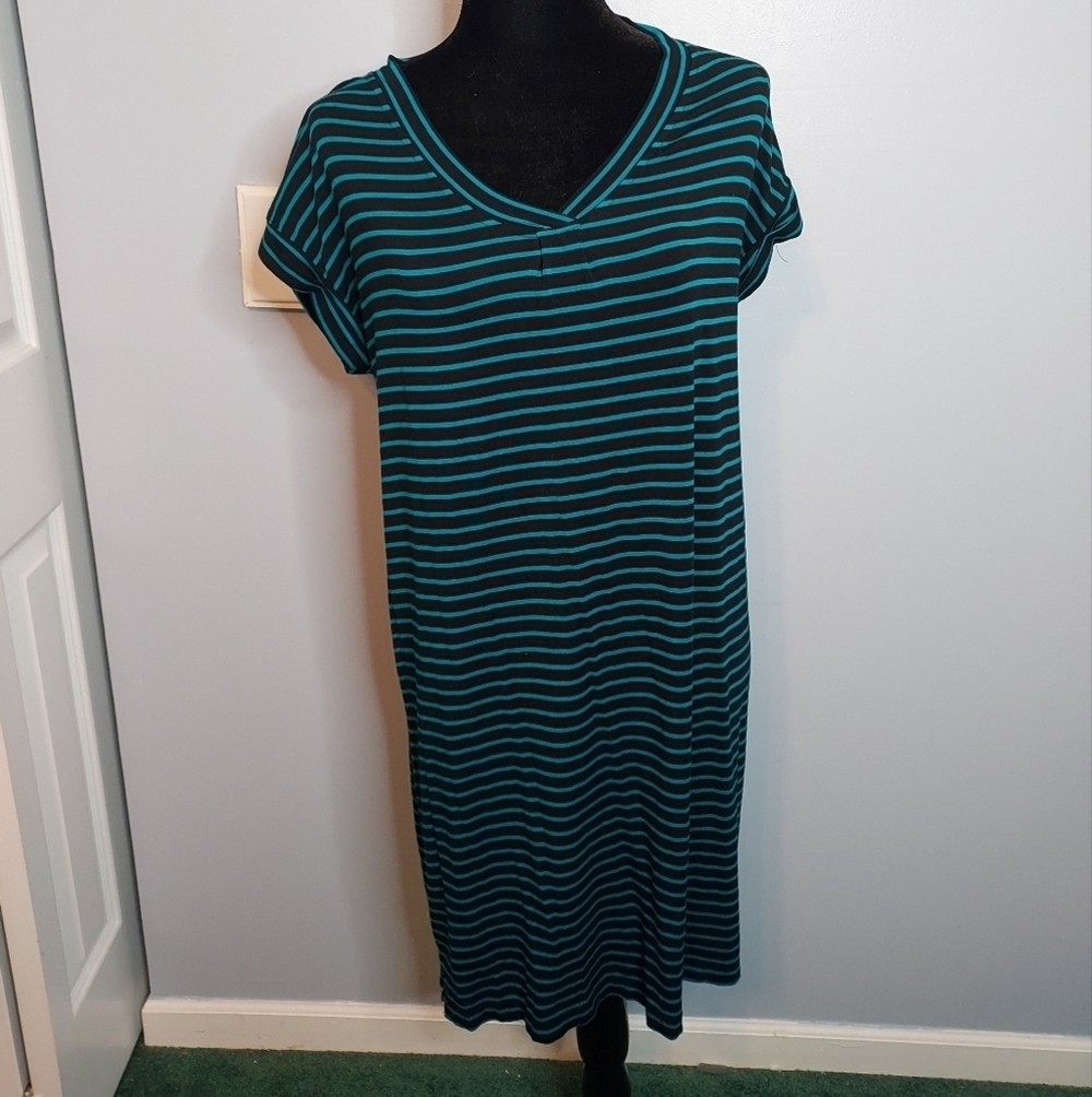 A.N.A Striped T-Shirt Dress, Aqua And Black. Size Medium, Cuffed Sleeves